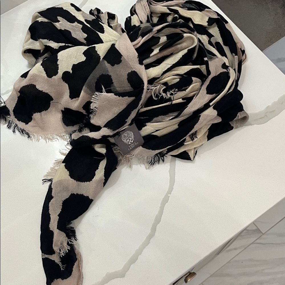 Vince Camuto Leopard Print Lightweight Scarf - Black & Beige